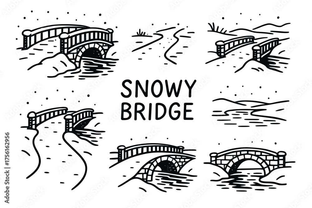 Obraz premium Collection of six monochrome illustrations depicting various snowy bridges and paths in a winter landscape with the text 