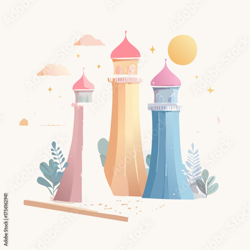 Three stylized lighthouses in a row with decorative elements.