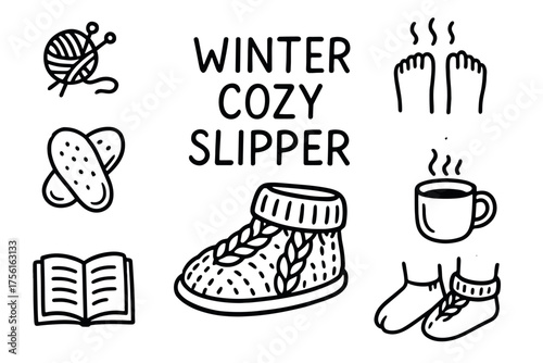 Black outline drawings of winter-themed items including a cozy slipper, knitting needles with yarn, a hot beverage, warm socks, and a book.