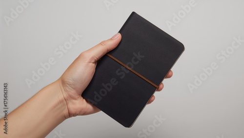 Person gripping a notebook ...