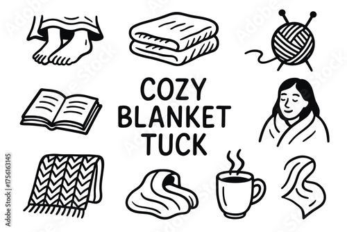 Black outline illustrations of cozy elements including blankets, yarn, a book, a steaming drink, and a person wrapped in a blanket.