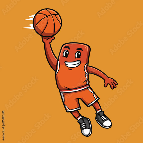 Friendly cartoon character mascot jumping high for a slam dunk shot with a basketball vector illustration.