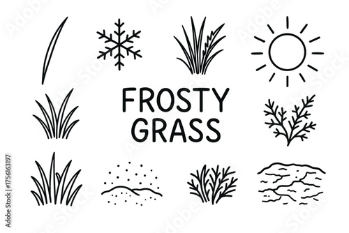 Black outline icons of various winter elements, including frosty grass, snowflakes, and the sun, arranged around the text "frosty grass.
