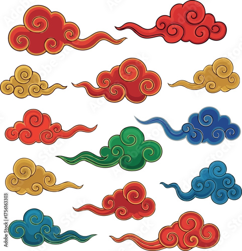  Isolated Chinese cloud set, auspicious clouds vector collection on white.