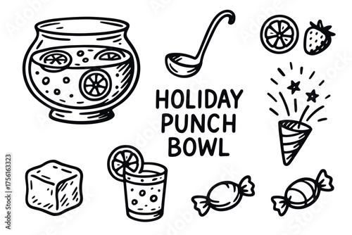 Black outline drawings of a punch bowl with citrus slices, ladle, glass with slice, candies, ice cube, fruit, and a party popper labeled "holiday punch bowl.