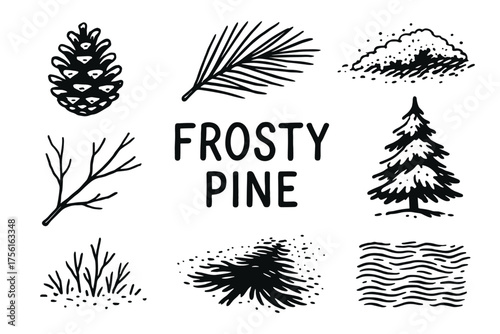 Black and white illustration featuring a pine cone, pine branch, snow, tree, and textured elements arranged around the text "frosty pine.