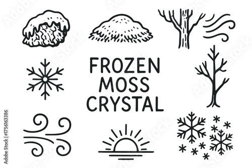 Black outline vector icons of frozen elements including snowflakes, frost patterns, and winter foliage, showcasing winter nature themes.