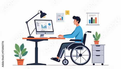 A man in a wheelchair working at an office desk. Workplace inclusion and accessibility concept. Flat design vector illustration