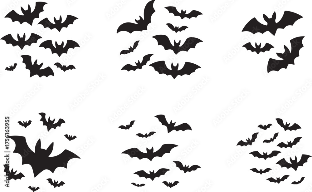 Fototapeta premium Halloween Bat Silhouettes on White Background Spooky Season Design Elements Decorations and Autumn Holiday Vector Graphics Templates