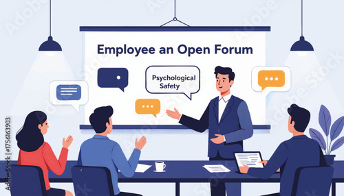A business presentation on psychological safety and creating an open forum for employees. Corporate training and team meeting concept. Flat design vector illustration