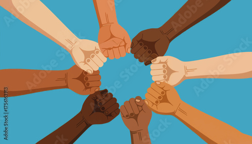 Diverse hands with clenched fists in a circle. Unity, teamwork, and solidarity concept. Flat design vector illustration