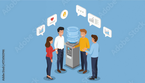 Office colleagues talking around the water cooler. Teamwork and business communication concept. Modern isometric flat design vector illustration