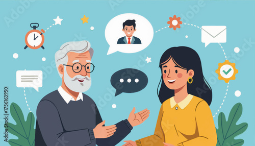 Senior mentor giving business advice to a young professional woman. Communication, coaching, and career development concept. Flat design vector illustration with icons