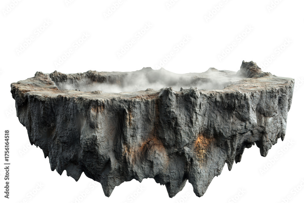 Fototapeta premium Floating Rocky Island With Misty Crater. Fantasy Landscape And Geological Formation. Isolated On Transparent Background