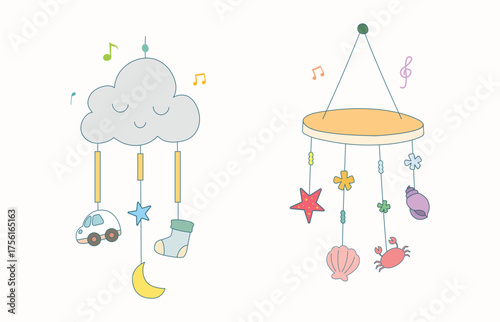 Cute baby cradle toy doodle collection set. Children newborn infant hanging toy music lullaby vector isolated for book, asset, design, story