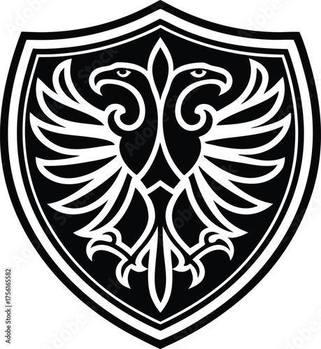 Heraldic Shield Emblem Featuring a Double Headed Eagle Design in Black and White A Symbol of Power and Nobility