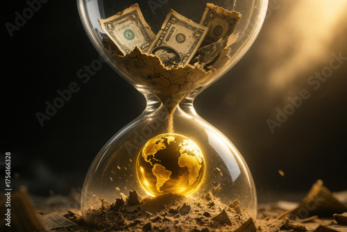 Fototapeta Naklejka Na Ścianę i Meble -  Global currency reset concept, hourglass sand money collapse golden earth finance crisis macro economy shadow dramatic