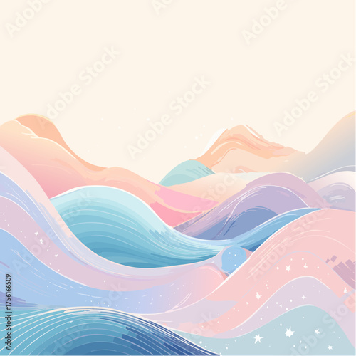 Abstract flowing waves of pastel colors creating a serene landscape.