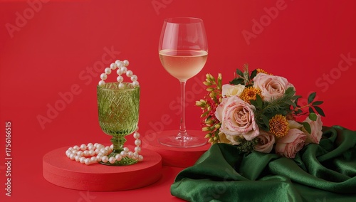 A green glass filled with p...