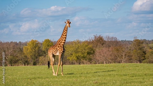 A towering giraffe stands g...