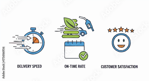 Vector icon set representing key delivery metrics. Hand-drawn symbols for delivery speed, on-time rate, and customer satisfaction. Logistics and shipping graphic elements