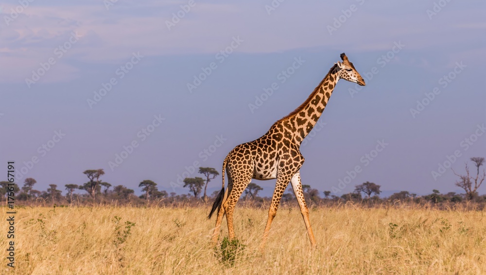 Obraz premium A slender giraffe adorned with brown markings strides elegantly through an expansive arid grassland beneath the bright sunlight