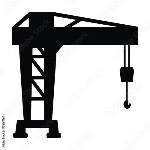 Black silhouette of a heavy industrial construction crane over white background