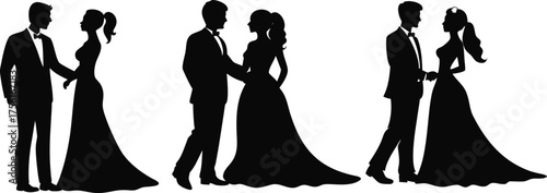 bride and groom silhouette wedding couple vector illustration on transparent background.