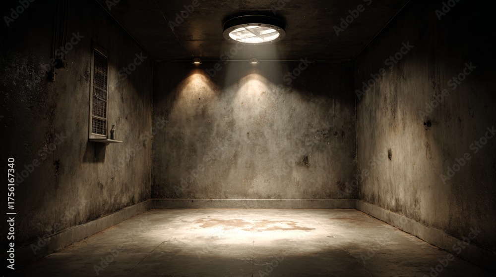 Fototapeta premium Dimly Lit Solitary Confinement Room with Scratched Walls and a Spotlight Above Casting Dramatic Shadows on the Floor
