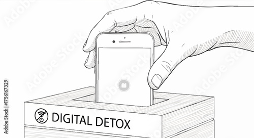 A hand placing a smartphone into a digital detox box. Detailed line art vector illustration of technology addiction and mental wellness concept.