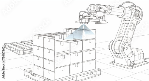Detailed line art vector of a laser guided robotic palletizer. Warehouse automation and logistics concept. Industrial robot arm stacking cardboard boxes on a pallet