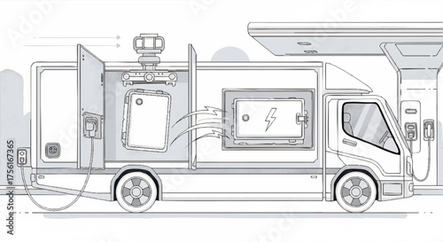 Electric truck battery swapping concept. Detailed line art vector of a modular delivery vehicle at a charging station. Sustainable logistics and future transportation technology illustration