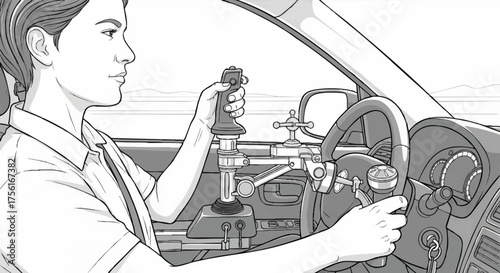 A person using hand controls to drive a modified car. Adaptive driving and accessibility for people with disabilities concept. Detailed black and white line art vector illustration