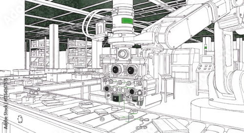 Detailed line art vector of a specialized robotic arm in a factory. Industrial automation and manufacturing concept. Modern production line illustration