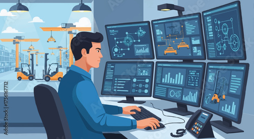 A technician remotely monitoring warehouse operations from a control room. Vector illustration of logistics and supply chain management. Industrial automation and smart factory concept