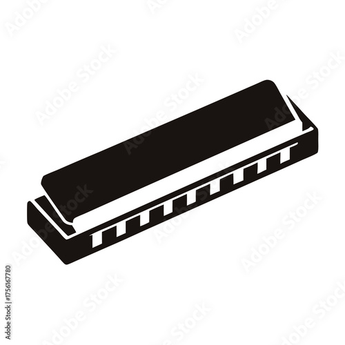 Isometric black and white vector rendering of a harmonica musical instrument