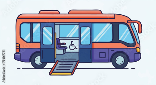 Accessible public transit bus vector illustration. Flat design shuttle with a wheelchair ramp for disability mobility. Public transportation service concept