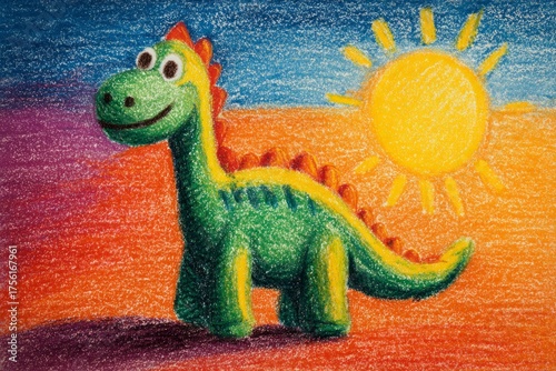 Cute crayon dinosaur illustration for children, reflecting childhood creativity and fun