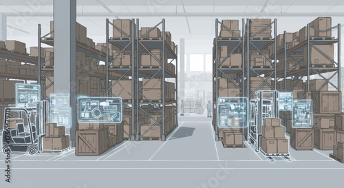 Smart warehouse with automated forklifts and AR interface. Futuristic logistics and supply chain management concept. Modern vector illustration for industry 4.0