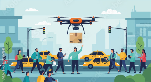 Flat vector illustration of a cargo drone delivering a package. Futuristic urban logistics and autonomous shipping concept in a modern cityscape