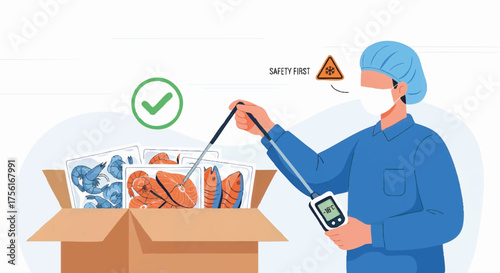 Quality control inspection of frozen seafood. A worker checking temperature with a digital thermometer for food safety. Flat design vector illustration