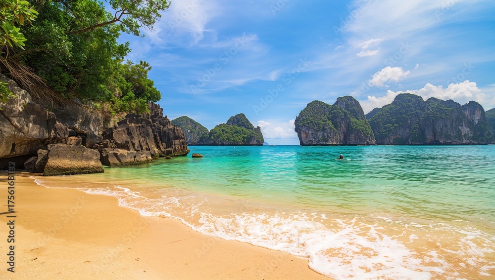 Obraz premium Crystal-clear waters and jagged rocks basking in the intense sunlight at a scenic coastal spot.
