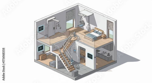 Isometric illustration of a smart home with assistive technology. Accessible house design with a stairlift and ceiling patient lifts. Vector cutaway diagram for independent living concept