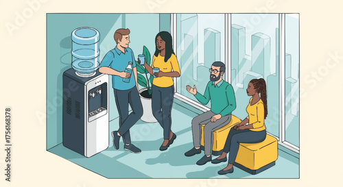 Isometric graphic of a group of colleagues having a casual conversation. Office break time and teamwork communication concept. Modern vector illustration