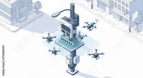 Isometric illustration of a drone charging station. Smart city technology and autonomous logistics concept. Futuristic urban infrastructure vector graphic