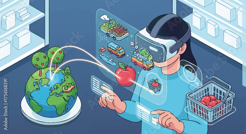 Isometric illustration of a consumer using a VR headset for online grocery shopping. E-commerce and retail technology in the metaverse. Future food supply chain vector concept