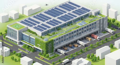 Isometric illustration of a modern urban distribution center. Sustainable logistics warehouse with solar panels and a green roof. Smart city e-commerce and supply chain vector concept.