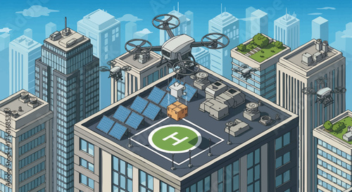 Isometric vector illustration of a delivery drone dropping a package. Future logistics and smart city technology concept. Quadcopter on a skyscraper rooftop in an urban cityscape.