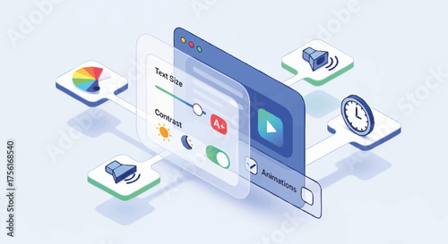 Isometric vector illustration of web accessibility settings. UI and UX design for inclusive digital platforms. User interface with options for text size, contrast, and animation control.