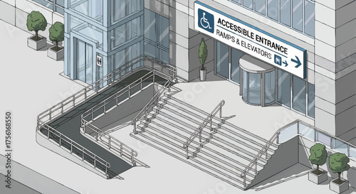 Isometric vector illustration of an accessible building entrance. Features a wheelchair ramp, stairs, and elevator. Universal design and disability inclusion concept